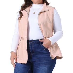 Plus Size Utility Sleeveless Anorak Cargo Drawstring Vest Pink